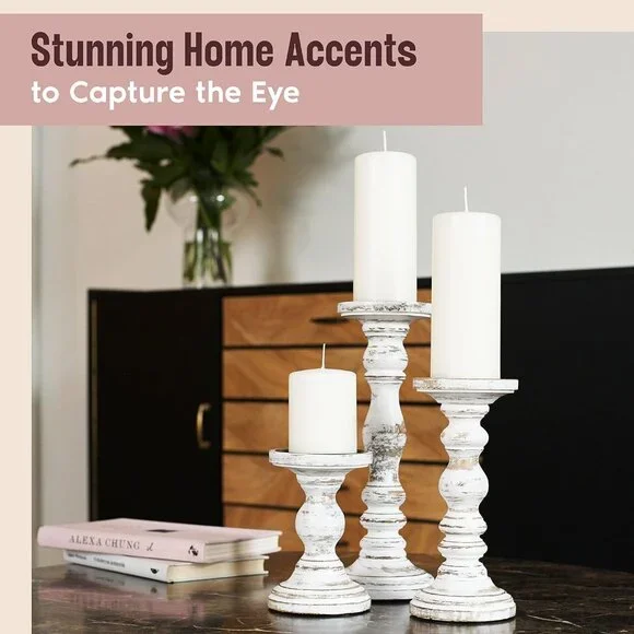 Large Candle Holders for Pillar Candles - Rustic Farmhouse Style Home Decor - Pe